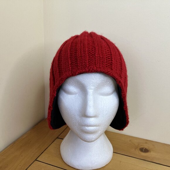 Columbia Knit Winter Beanie Hat Tuque Red with Lined Ear Flaps Adult Size - Picture 2 of 10